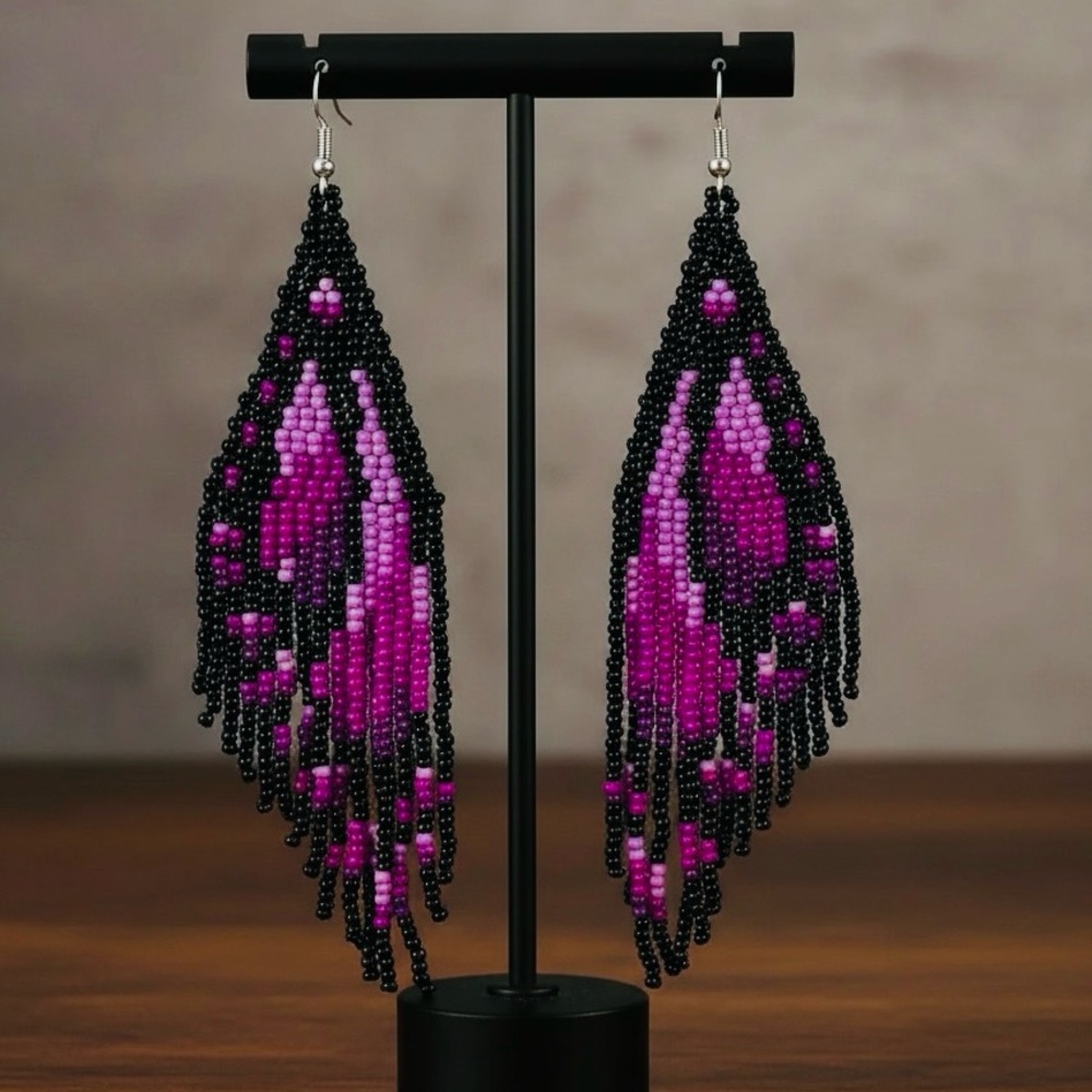 Butterfly Wings Beaded Earrings in Pink and Black. New.